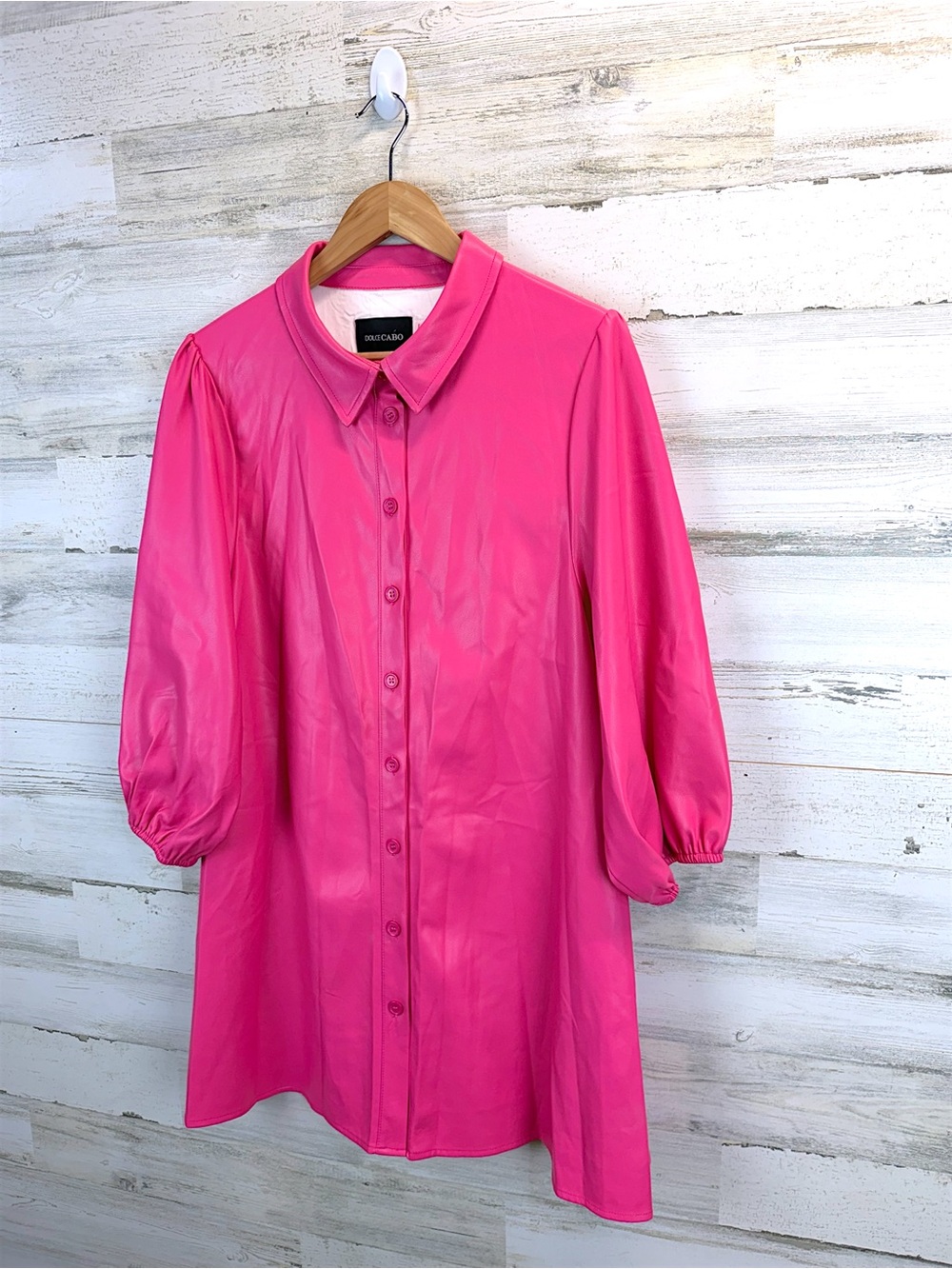 Dolce Cabo Pink Faux Leather Shirt Dress Puff Sleeve Mini XL - Picture 4 of 13